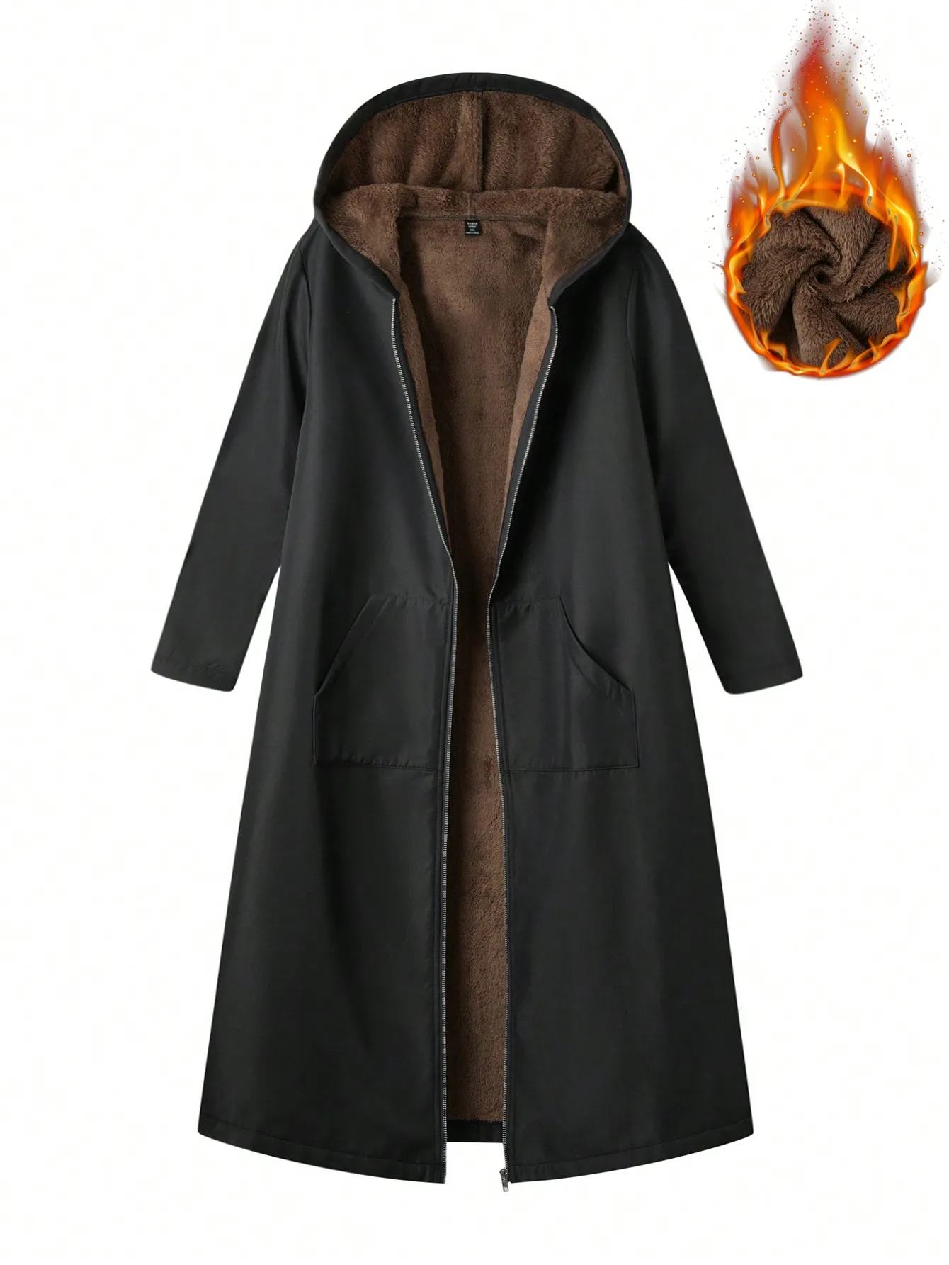 

Plus Size Long Hooded Coat with Front Zip and Pockets, Warm Fleece Lined Winter Jacket