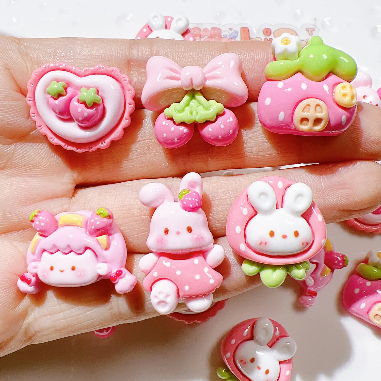 

10Pcs Cute Resin Cartoon Pink Strawberries, Rabbits Flat Back Cabochons Scrapbooking DIY Jewelry Craft Decoration Accessories