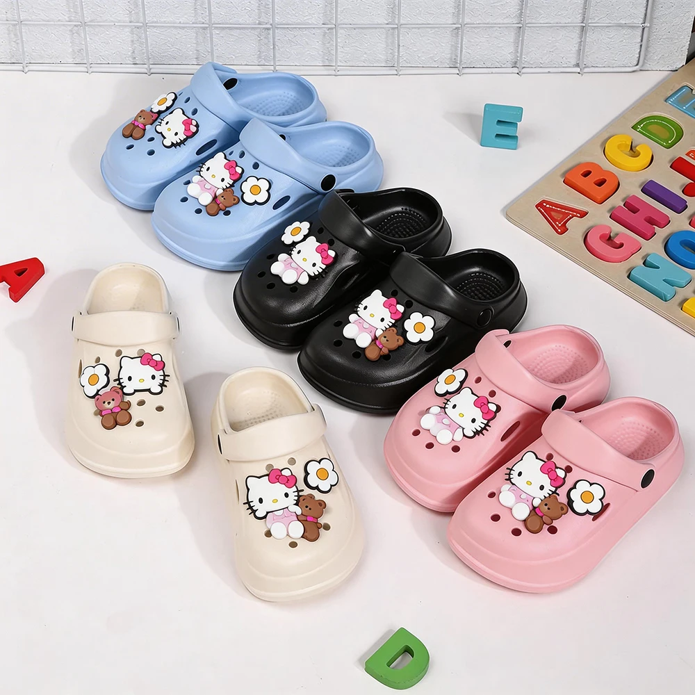 Children's Slippers Hello Kitty Hole Shoes Girls Boys with Soft Soles Baby Bags Perforated Home Shoes Beach Garden Shoes