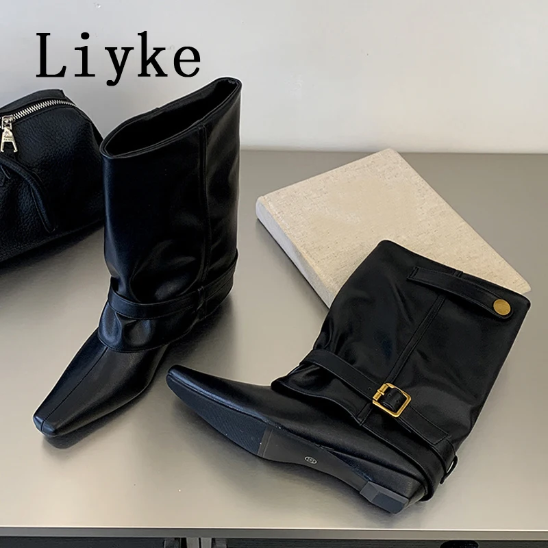 Liyke New Fashion Square Toe Belts Buckle Women Ankle Boots Autumn Winter Western Chelsea Shoes Low Wedge Heels Party Dress Boot