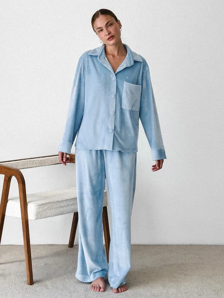 HiLoc Elegant Blue Knitted Velvet Pants Pajamas Sets 2 Pieces Autumn Long Sleeve Pockets Shirts Solid Long Pants Sleepwears 2024