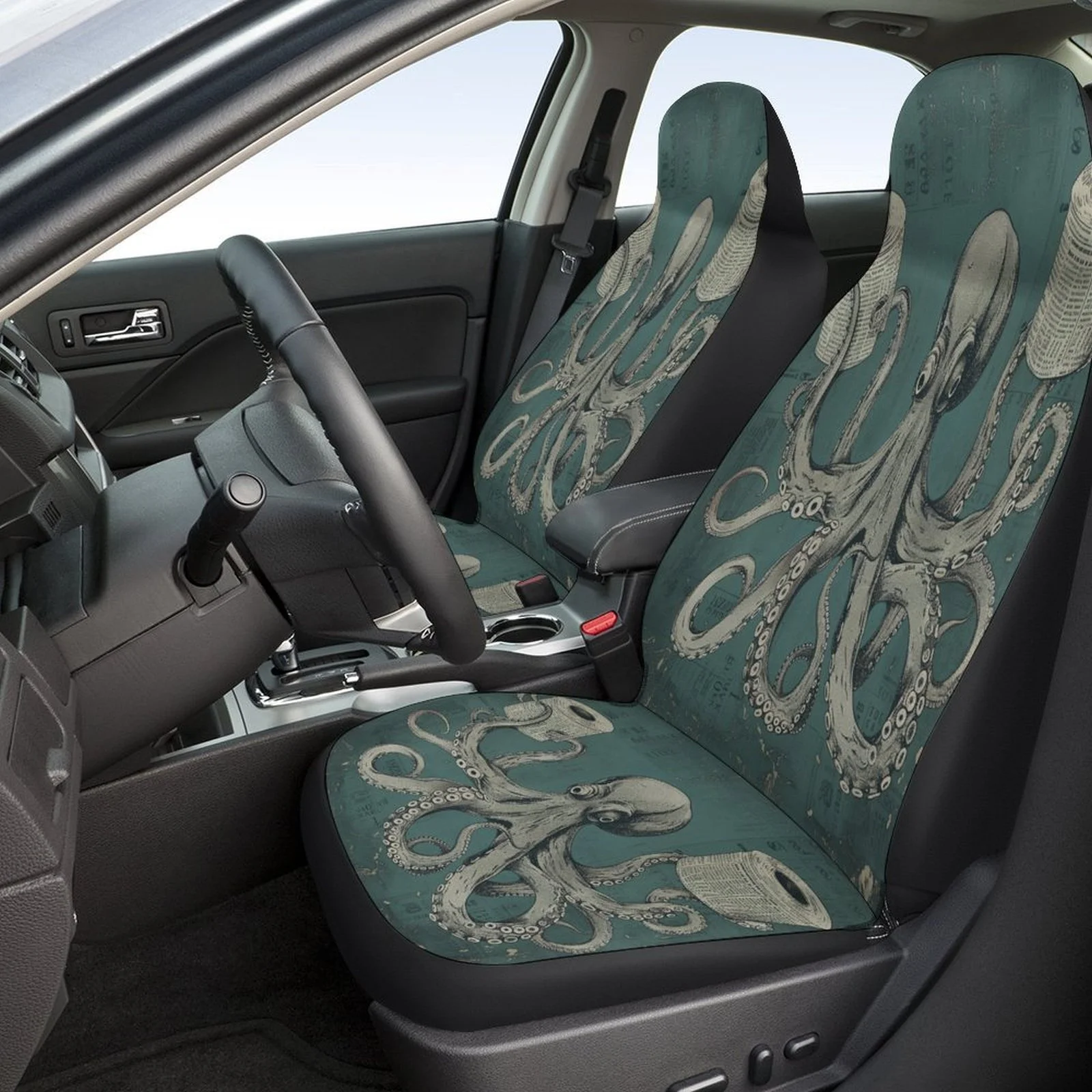 Octopus With Newspaper Rolls Themed Car Seat Cover Set For Most Cars, Trendy High-quality Car Seat Protector Covers Full Set, C