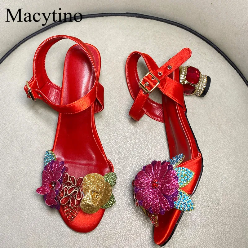 2024 Colorful Flower Ladies High Heel Sandals Round Toe 6CM Heel High Heel Sandals Fashion Party High Heel Sandals