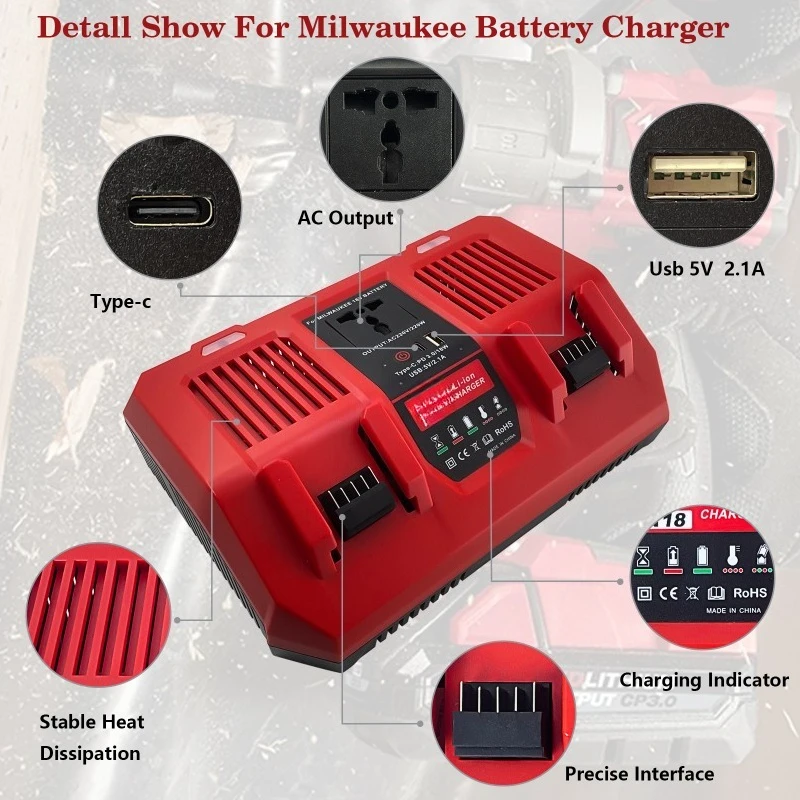 HAKSINKY 6A Fast-Charge Dual-Port Battery Charger for Milwauke 18V Battery with Inverter USB Port Supports Simultaneous Charging