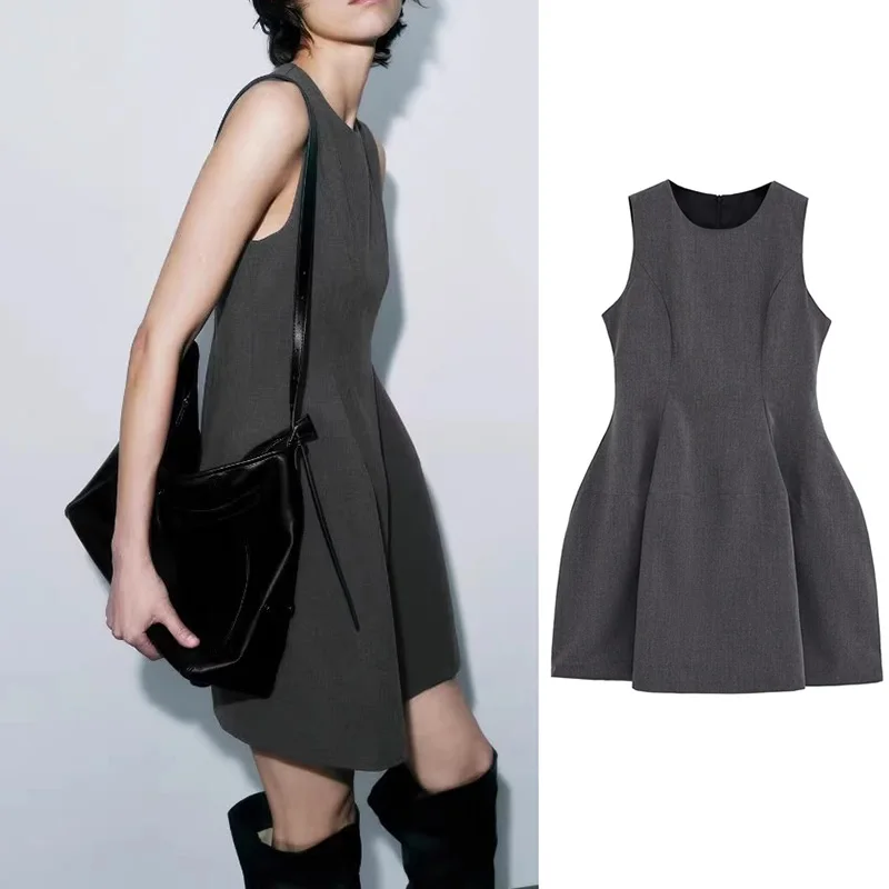 

PRINTKAOIR Elegant Chic Tank Dress Women's O-Neck Pleated Slim Short Dress Sleeveless Summer Fashion Picnic Date Holiday Dress