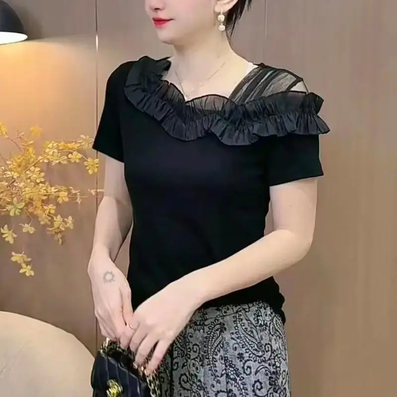 

Летняя модная женская шикарная и универсальная хлопковая футболка с неровным воротником и лоскутными короткими рукавами из органзы