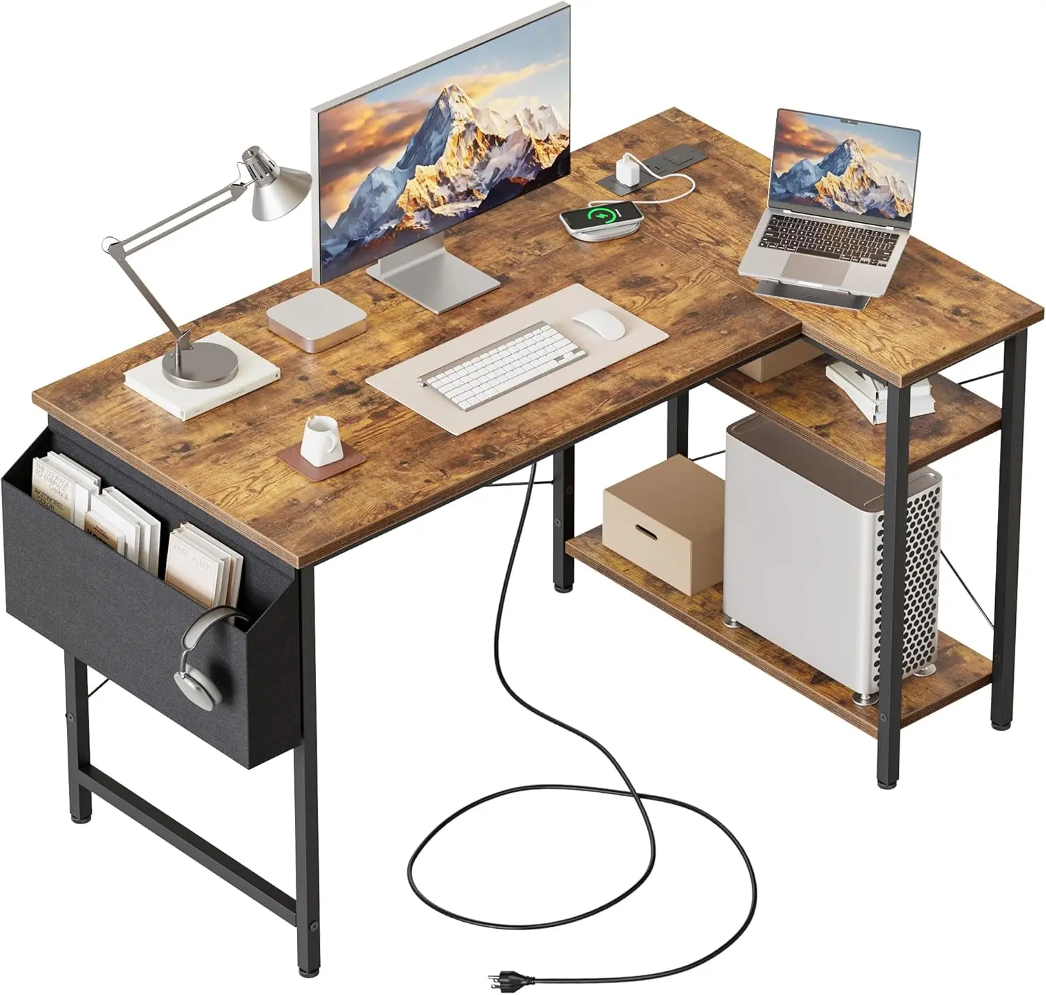 

L-Shaped Computer Desk with Power Outlets, Reversible Shelves, Compact Gaming & Study Desk