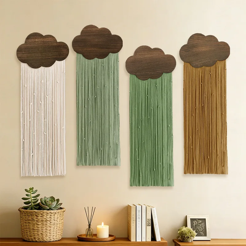Cloud Shape Wooden Macrame Wall Hanging, Handwoven Cotton Tassel Wall Art, Boho Room Decor, Rustic Home Wall Ornament.