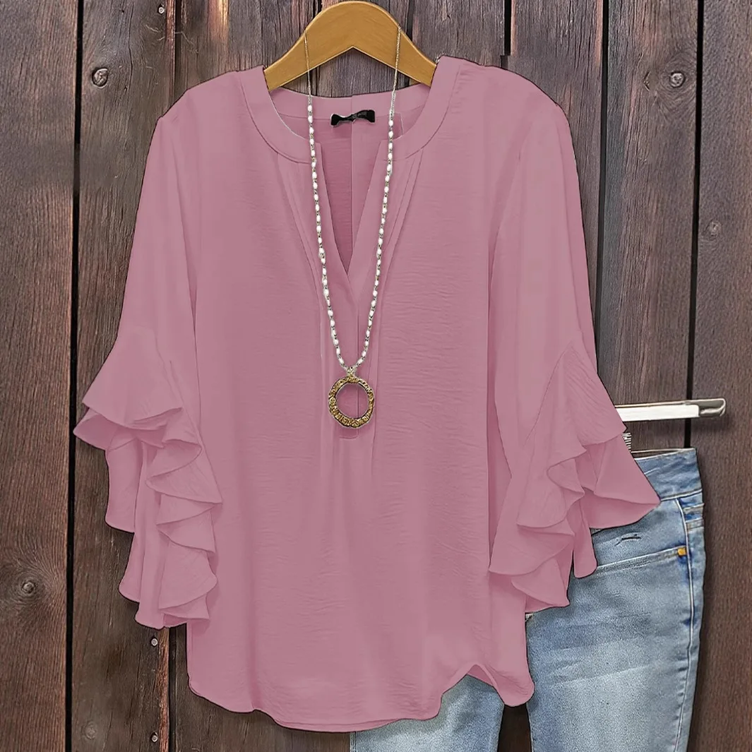 Haut à manches trois-quarts feuille de Lotus, Simple, couleur unie, mode décontractée, ample, col en v, chemise polyvalente pour femmes, Style de transport