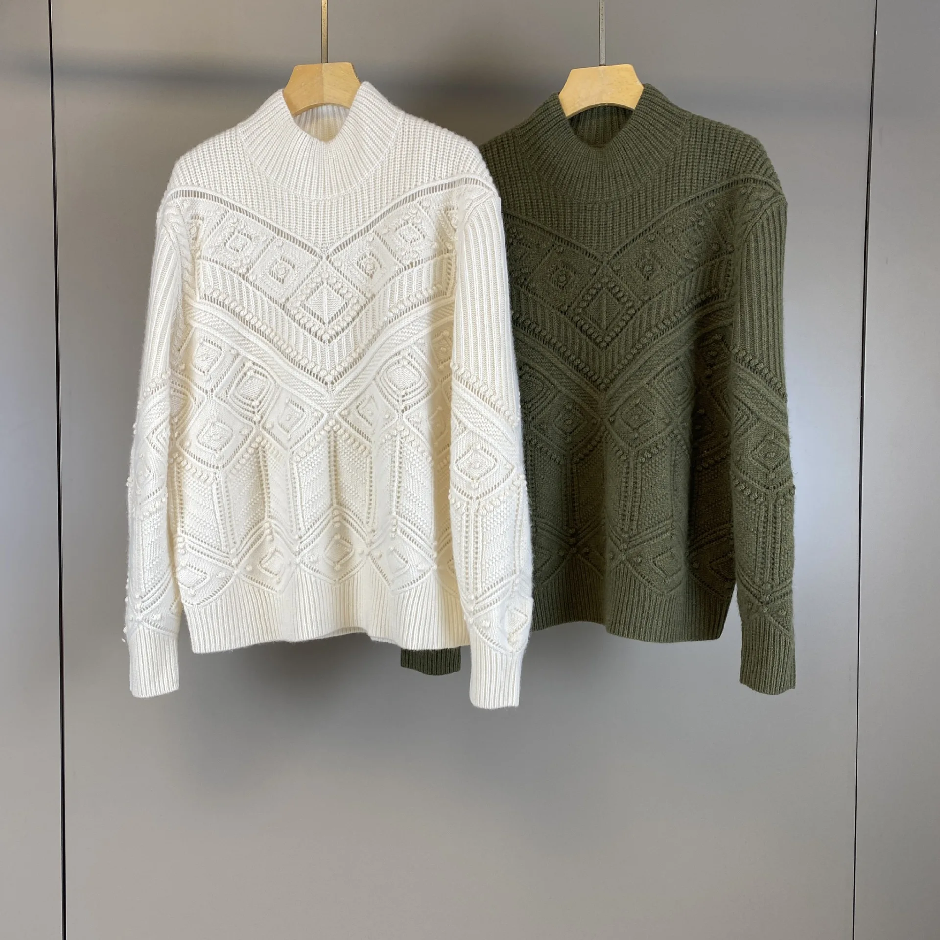 2026 Women's Autumn Winter New Cashmere Semi High-neck Hollow Knitted Pullover Sweater
