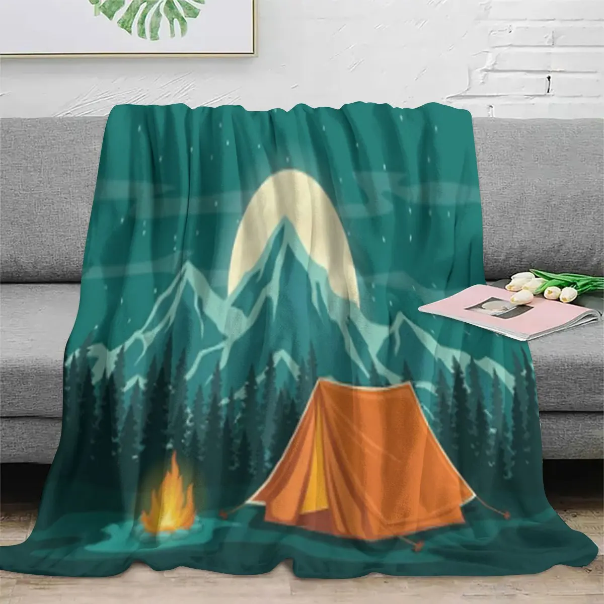 Forest Mountain Moon Campfire Tent Pattern Flannel Blanket Warm Cozy Plush Bed Throw for Couch Travel All‑Season Outdoor