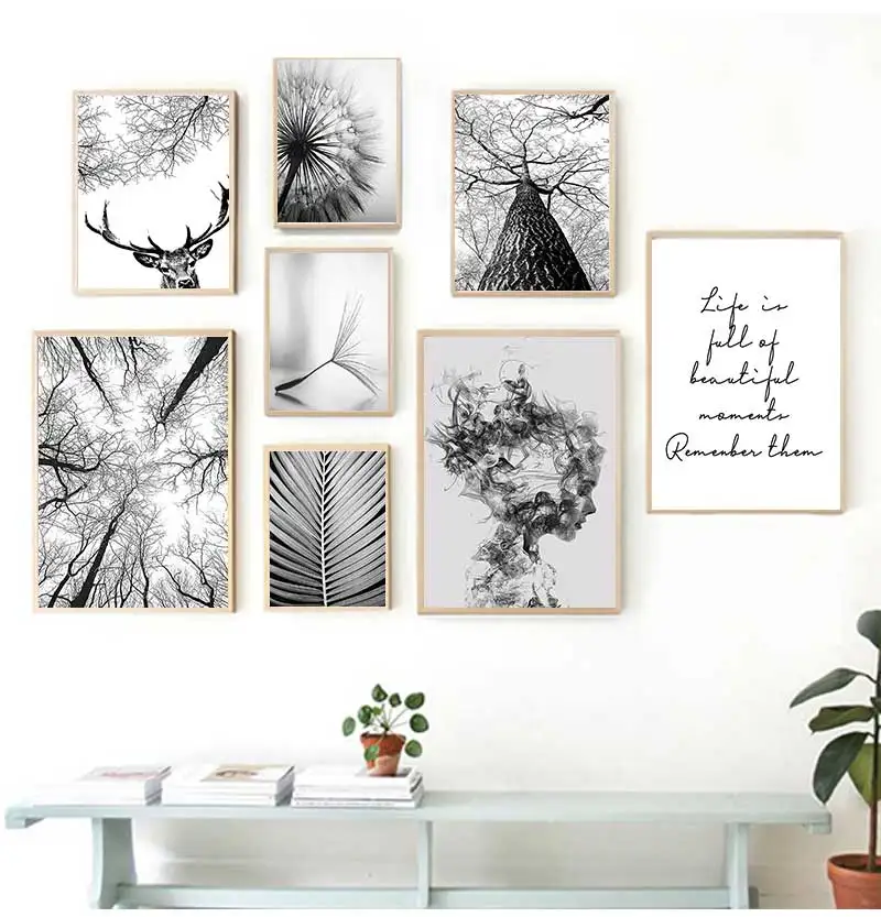 Living Room Abstract Wall Poster Feather Leaves Dandelion Flower Canvas Painting Modern Black White Art Pictures for Home