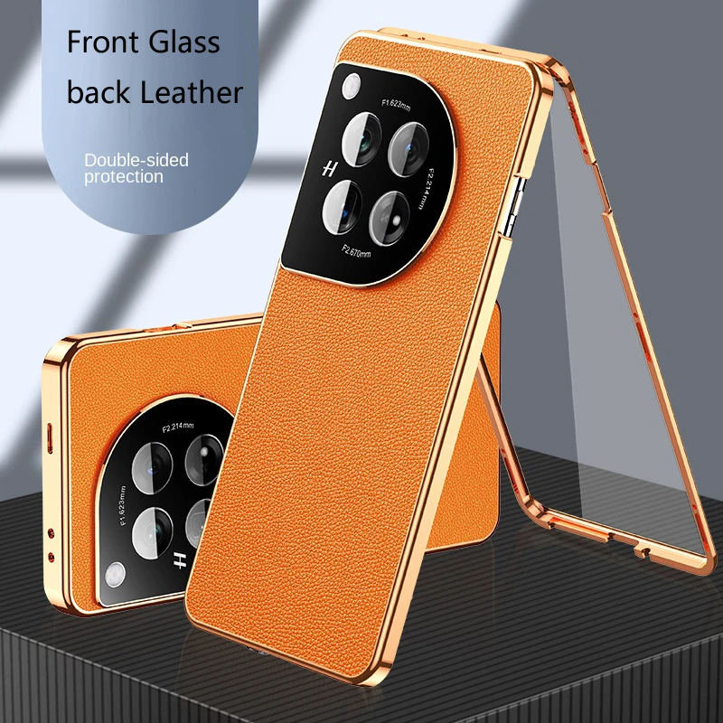 

Protection Metal Bumper Front Glass Cover Back Leather Case for OnePlus 15 11 11R 12 12R 13 13T Nord CE 4 Lite 5G Phone Case