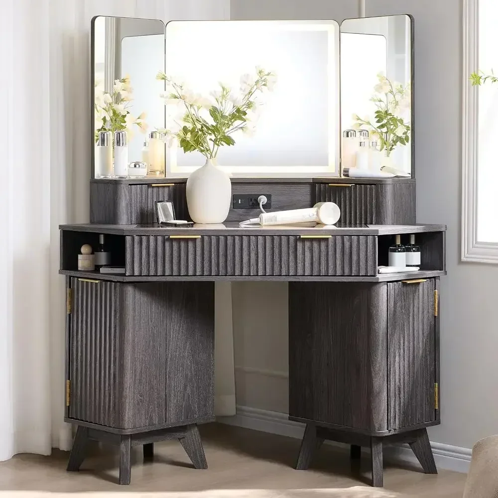 48 Large Makeup Vanity Desk with 3-Way Mirror, Lighting, Charging Station, Storage, and Shelves for Bedroom, Crafted in Alder Wo