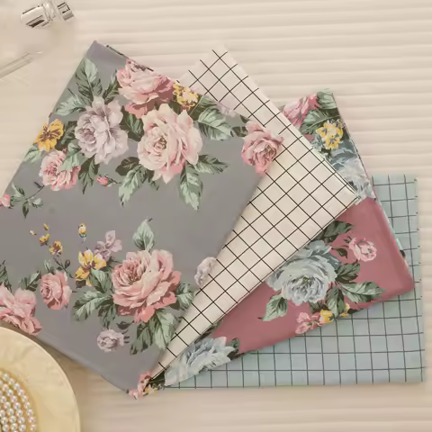 Cotton Fabric for Sewing, Patchwork Cloth, Quilting, Scrapbook Tecido, DIY Handmade Material, Gray, Pink, Peony Flower Grid