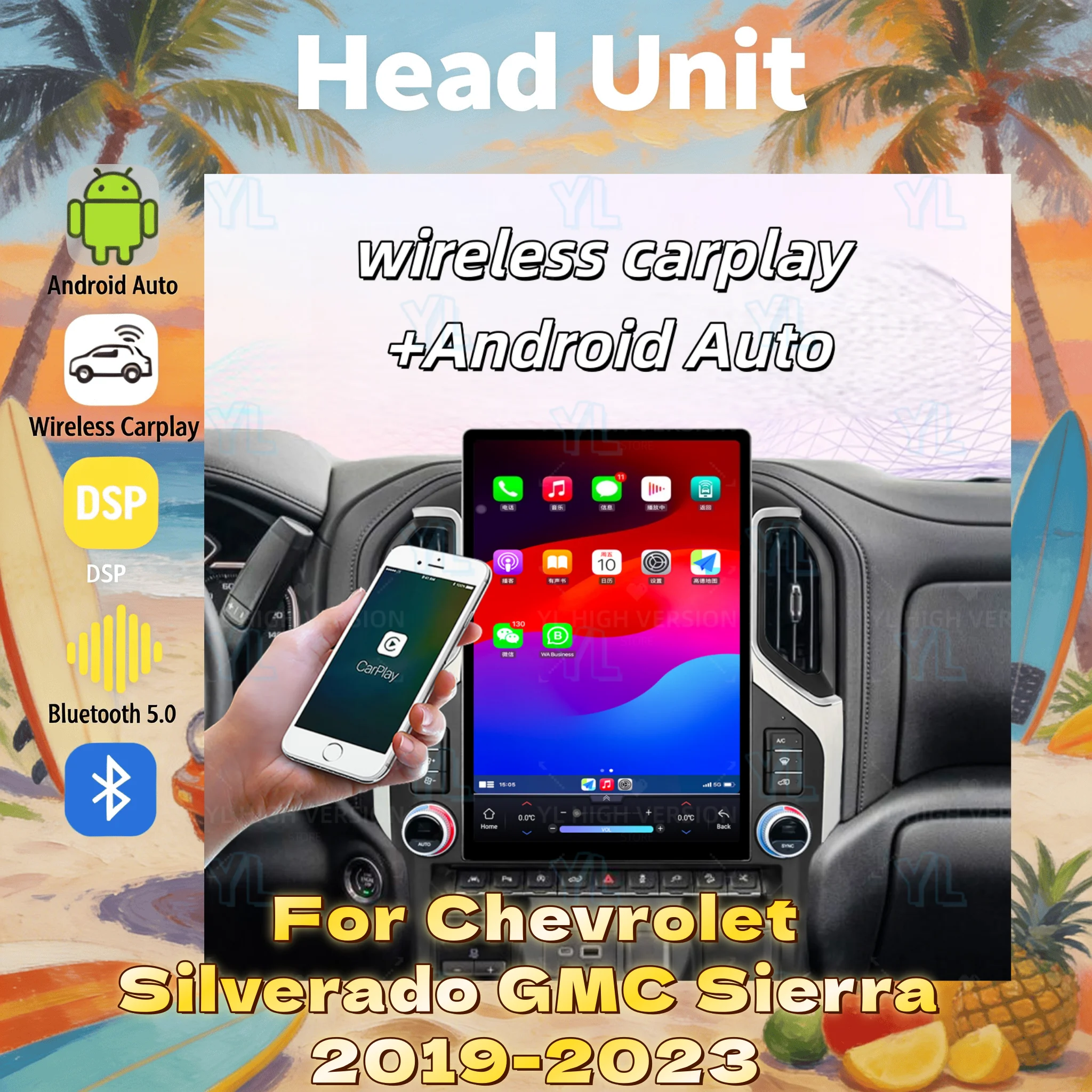 

15.6" Android 13 Car Radio For GMC Sierra Chevrolet Silverado 2019- 2023 Carplay Car GPS Navigation Multimedia DSP Unit BT 5.0