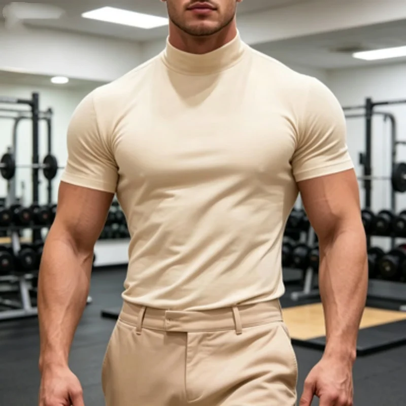 Summer fitness Men's T-shirt Solid Color Half High Collar Short Sleeve Pullover Tight Sport Elastic Top Running Training T-shirt