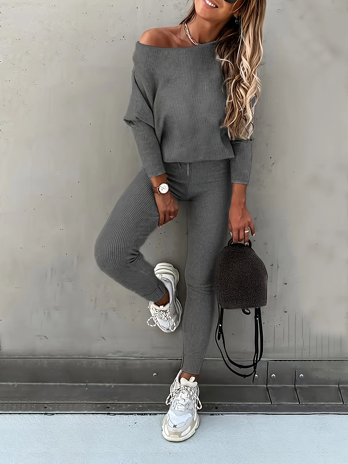 Upgrade materials Casual Solid Sports Two-piece Set, With Slanted Shoulder Long Sleeve Hoodies & Tied Striped Pants Set