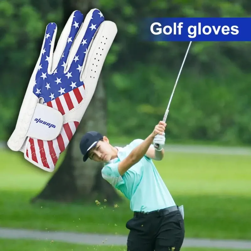 1Pc Golf Glove Adjustable Closure American Flag Pattern Wear Resistant Synthetic Leather Golf Glove for Men White Gloves