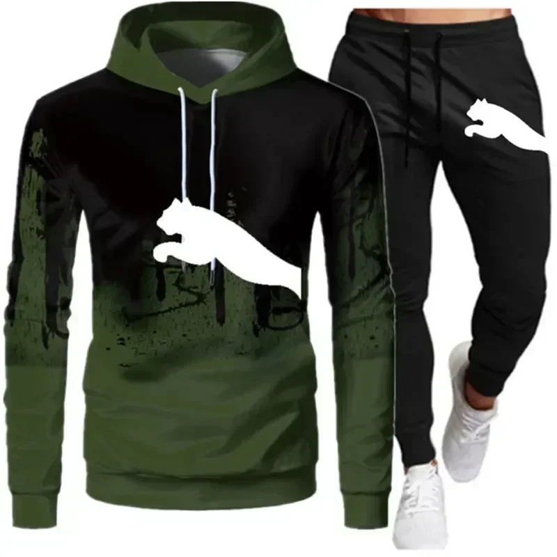 2024 Spring and autumn men\'s sportswear suit ink-jet hoodie + sweatpants 2 sets of casual running fitness men\'s sportswear