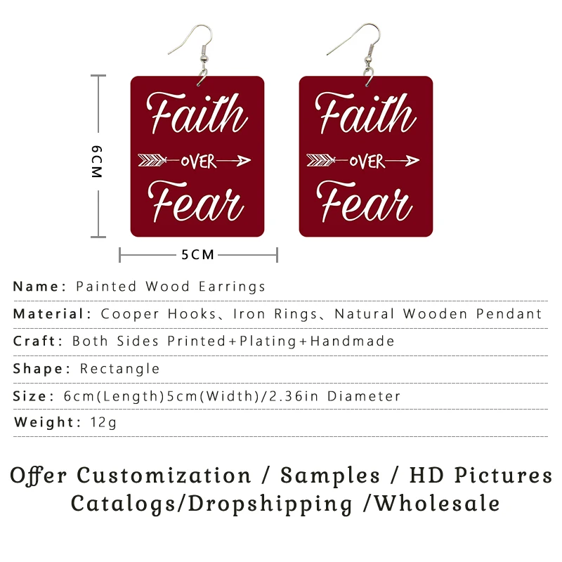 SOMESOOR Faith Over Fear Wooden Drop Earrings Jewelry For Women Gifts Twists Locs Melanin Goddess Sayings Print Rectangle Dangle