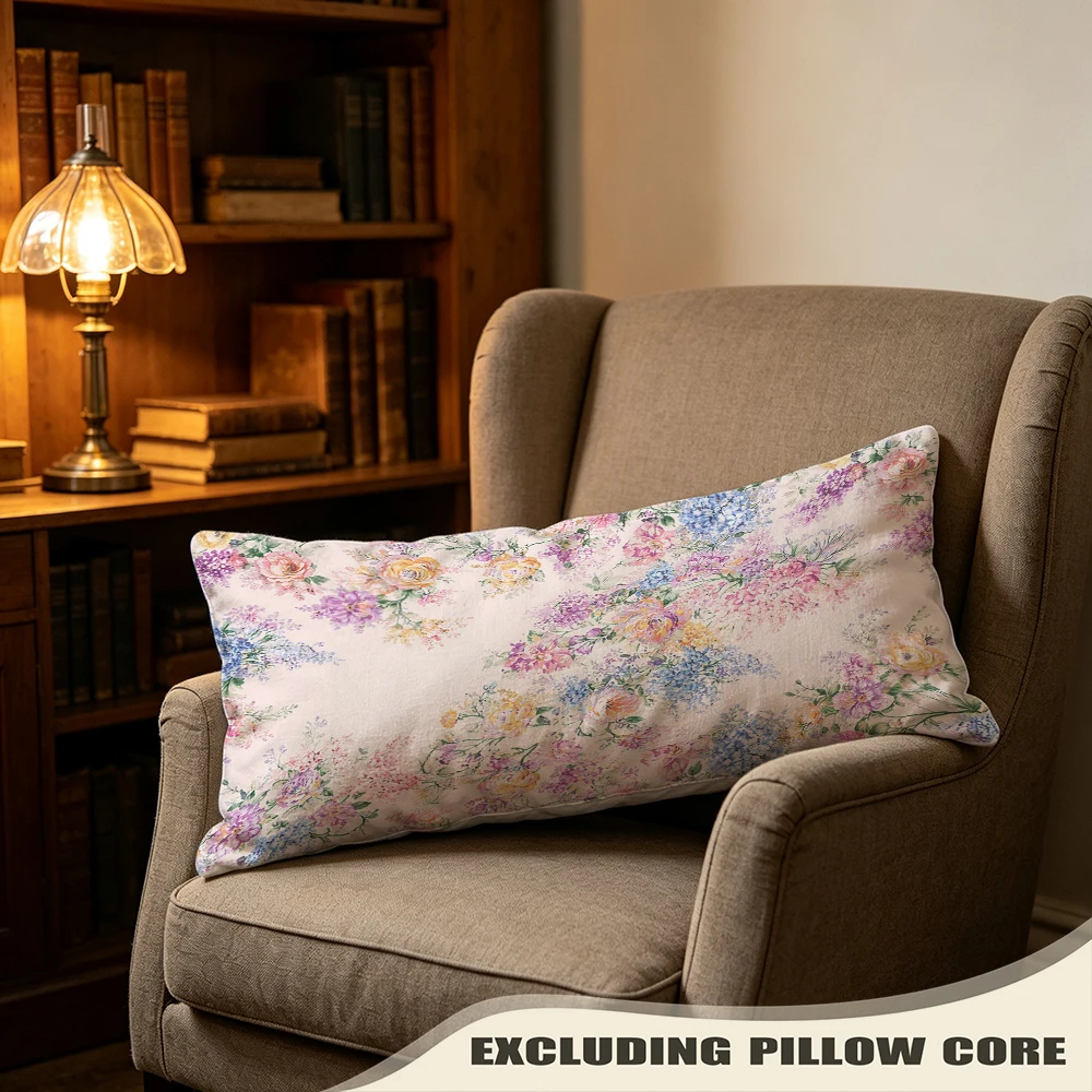 Rose Pink Garden Ditsy Print Long Pillow Cover, English Style, Boutique Decorative, Polyester, Special Occasion, Versatile