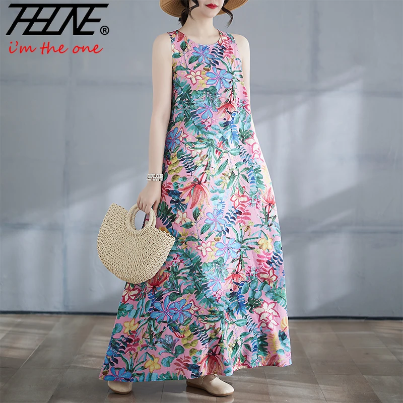 THHONE Vestido Feminino Summer Dress Women Sleeveless Robe Tank Bohemian Beach Style O Neck Print Elegant Women's Loose Dresses