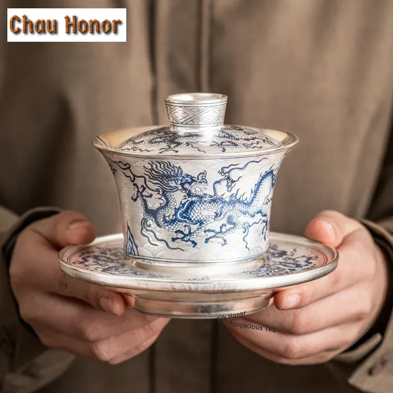 

Чайная чаша Гайвань 150 мл, ретро, серебряное покрытие, сине-белый узор с драконами, для домашнего чаепития, с крышкой, коллекция чайных принадлежностей