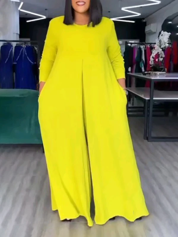 Krisstargirls Women's Loose Wide Leg Pockets Jumpsuits 2025 Summer New Fashion Round-Neck Afican Yellow 1 Pieces Jumpsuit Female