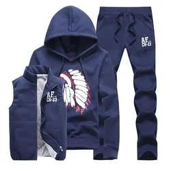 3 Pieces Set Hoodies+Vest+Pants Casual Men's Track Suit Clothing Coats Winter Thick Warm Tracksuit for Men Printed Mens Set Vest