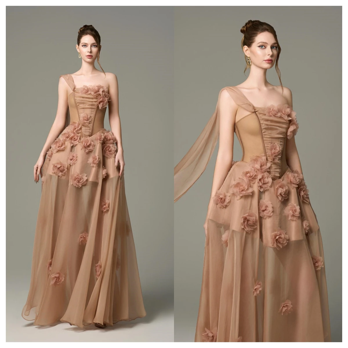 Robe de soirée en mousseline de soie Champagne délicate, personnalisée, sans bretelles, sans manches, robes de célébrité, fleurs, robe de soirée à lacets