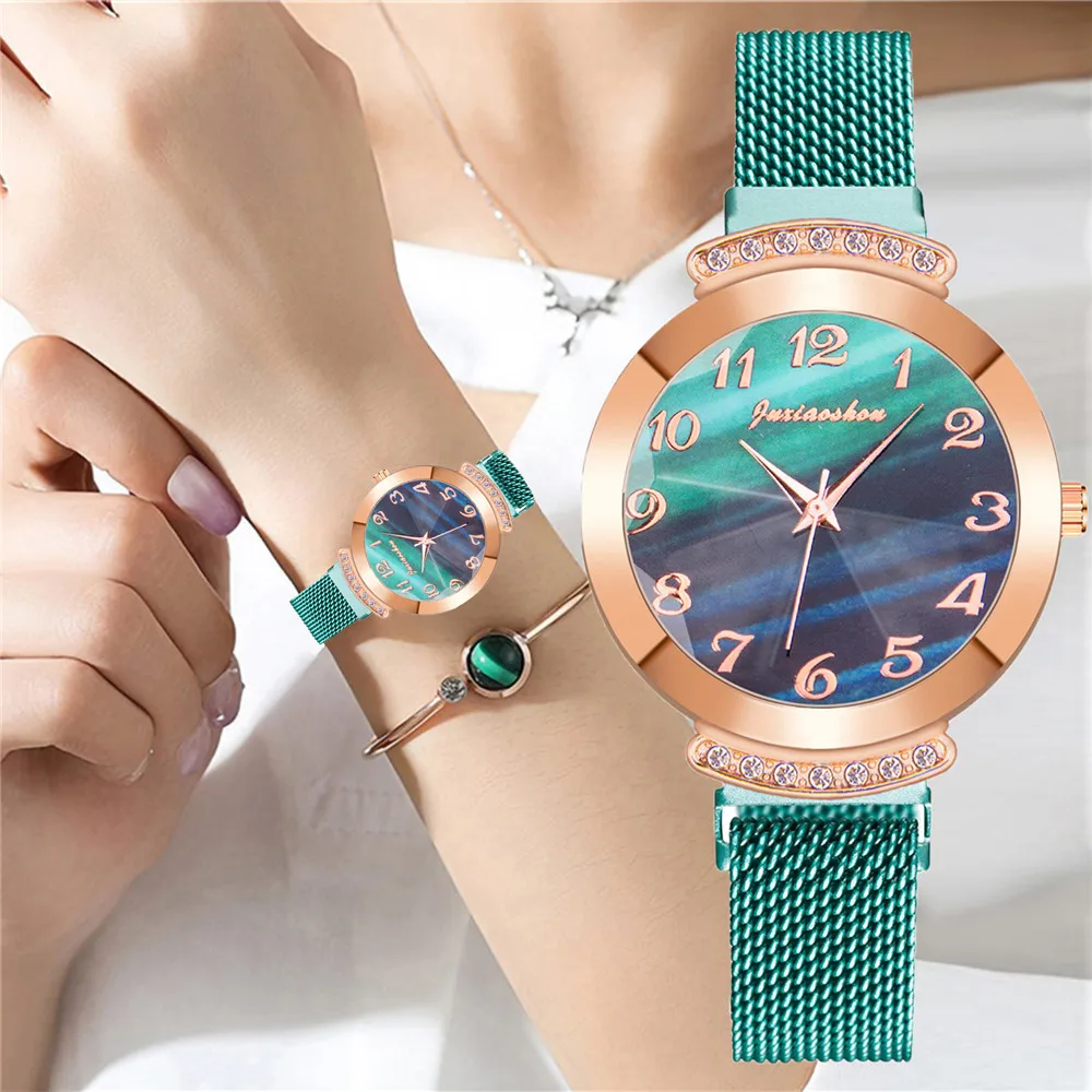 Women Arabic Numbers Watch Magnetic Strap Fashion Rhinestone Green Dial Quartz Watches Clock Zegarek Damski