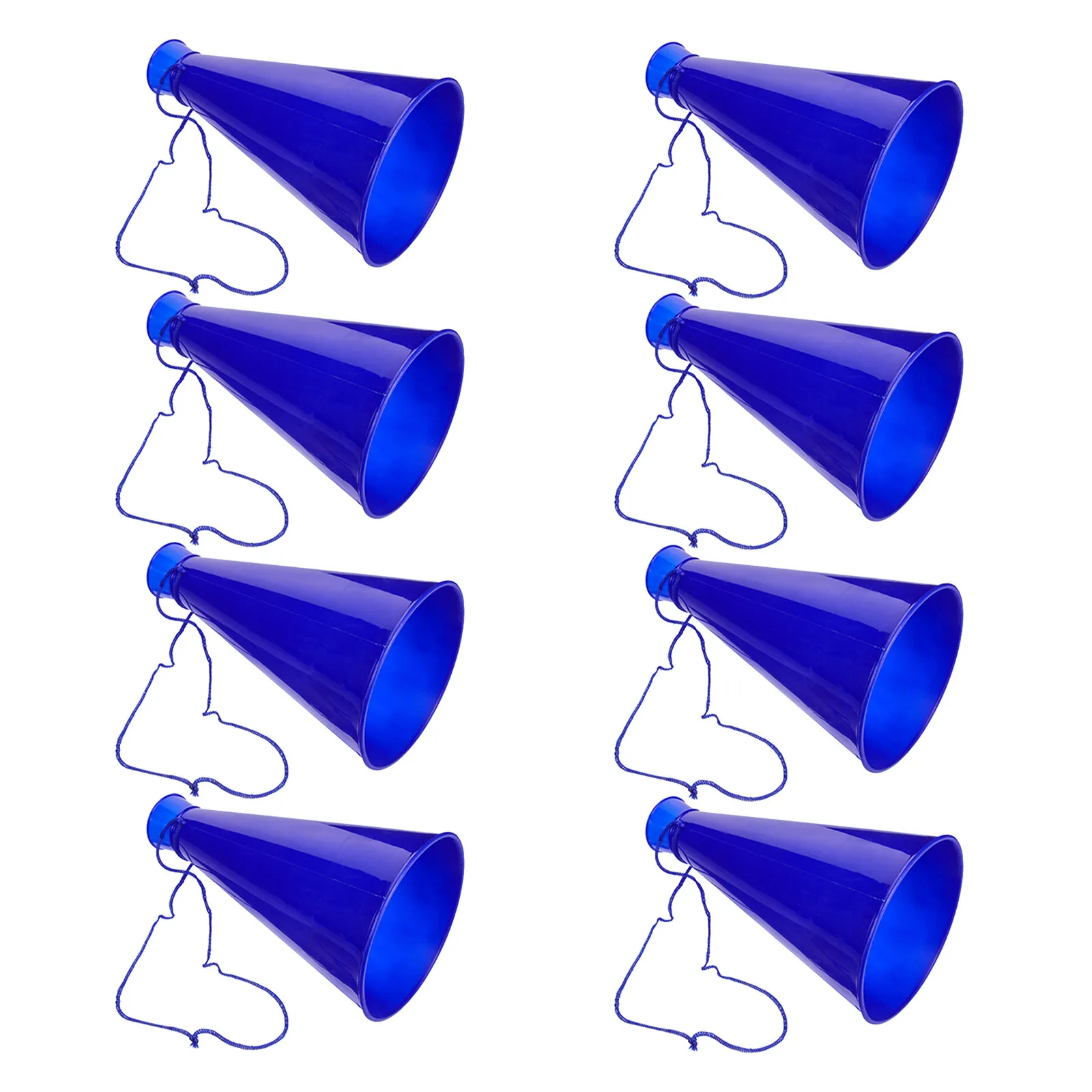 サッカーファン向け、持ち運び可能なプラスチック製の巨大ホーン8個セット。騒音を増幅し、応援の盛り上げに最適。サッカーの試合日やパーティーに。