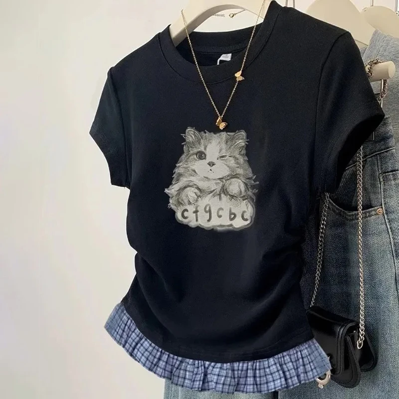 Cute Cat Printed Women Short Sleeve T-Shirt Stylish Plaid Spliced Cropped Tops Fashion Side Shirring Waist Tight Slimming Tees view 6