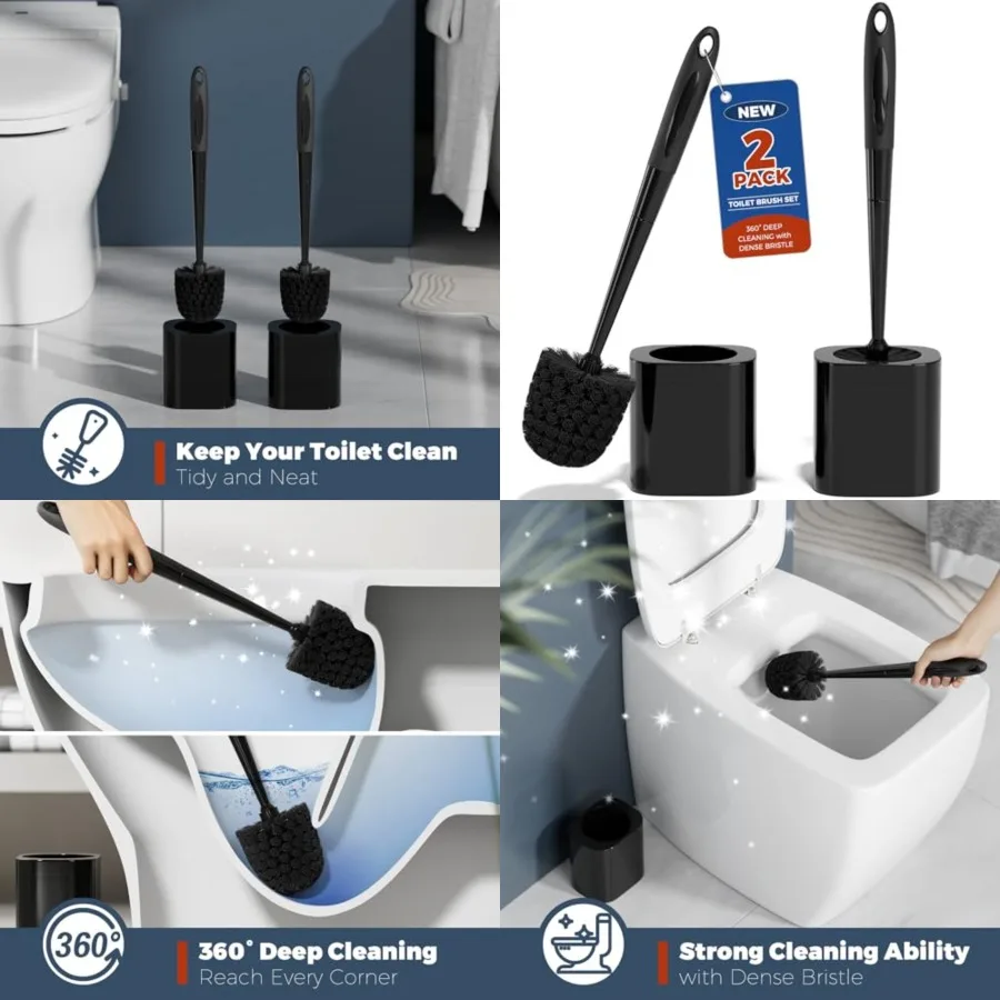 

Toilet Brush, 2 Pack Toilet Brush and Holder Set Bathroom Accessories, Toilet Bowl Brush and Holder for Bathroom, Black