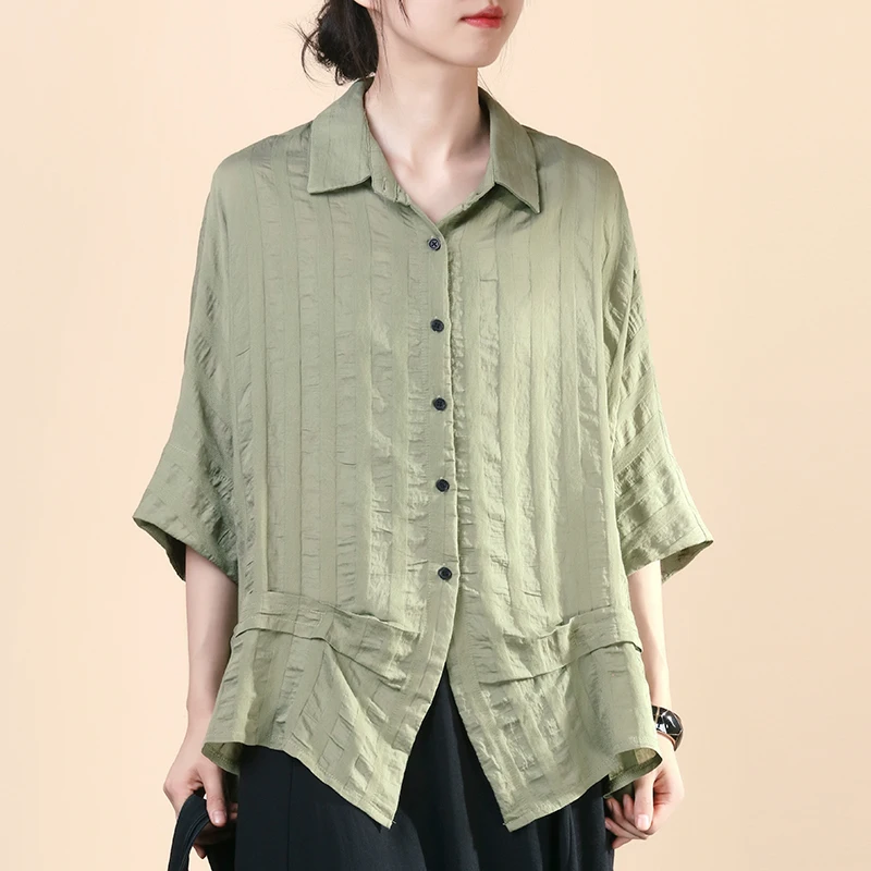 

Classic Upgraded Breathable Cotton Linen Striped Batwing Sleeve Fashion Pleated Design Half Sleeve Shirt Spring Women's Korea...