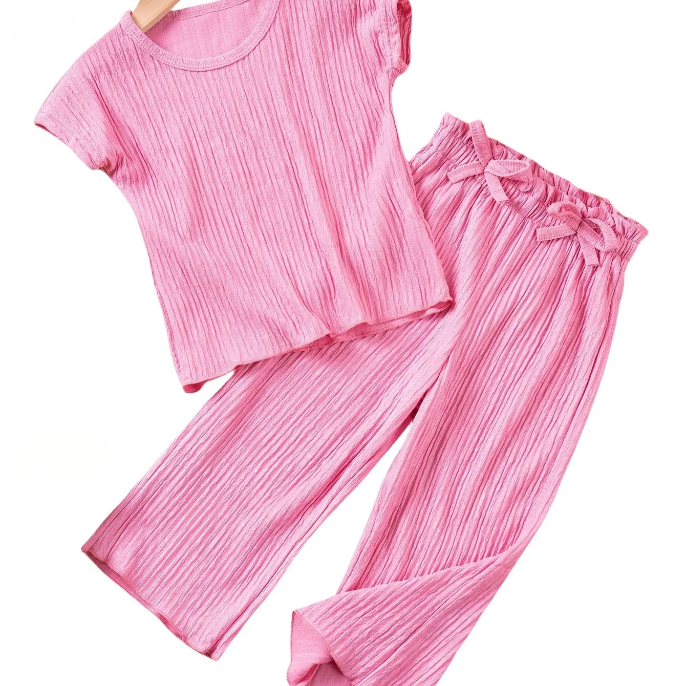 

2025 Summer Pure Color Soft Bouffant Kids Set Casual Short Sleeve and Pants for Baby Kids Girls