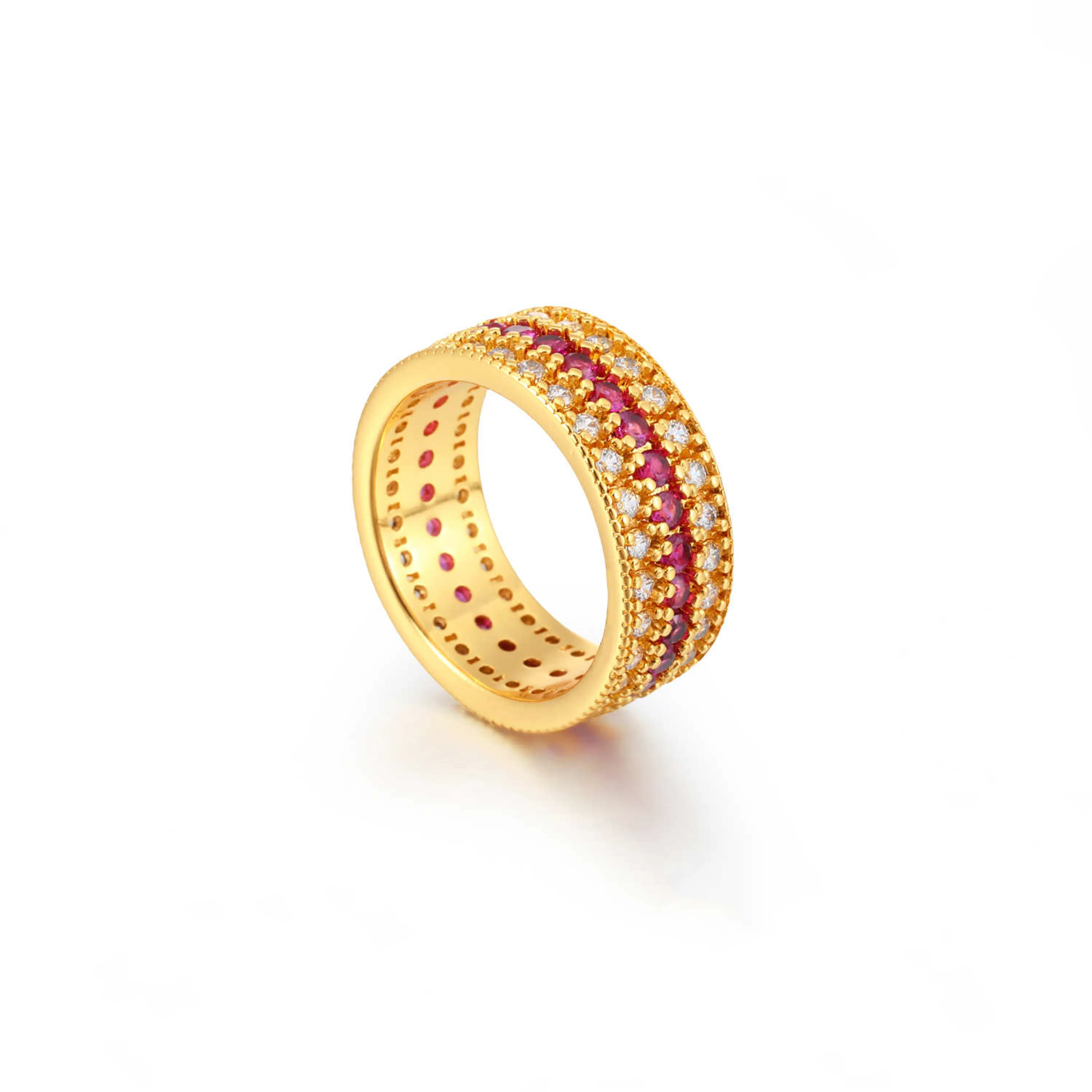 

New Chinese-style antique luxury diamond ring with three-row inlaid lab-grown ruby, high-end fashion ring