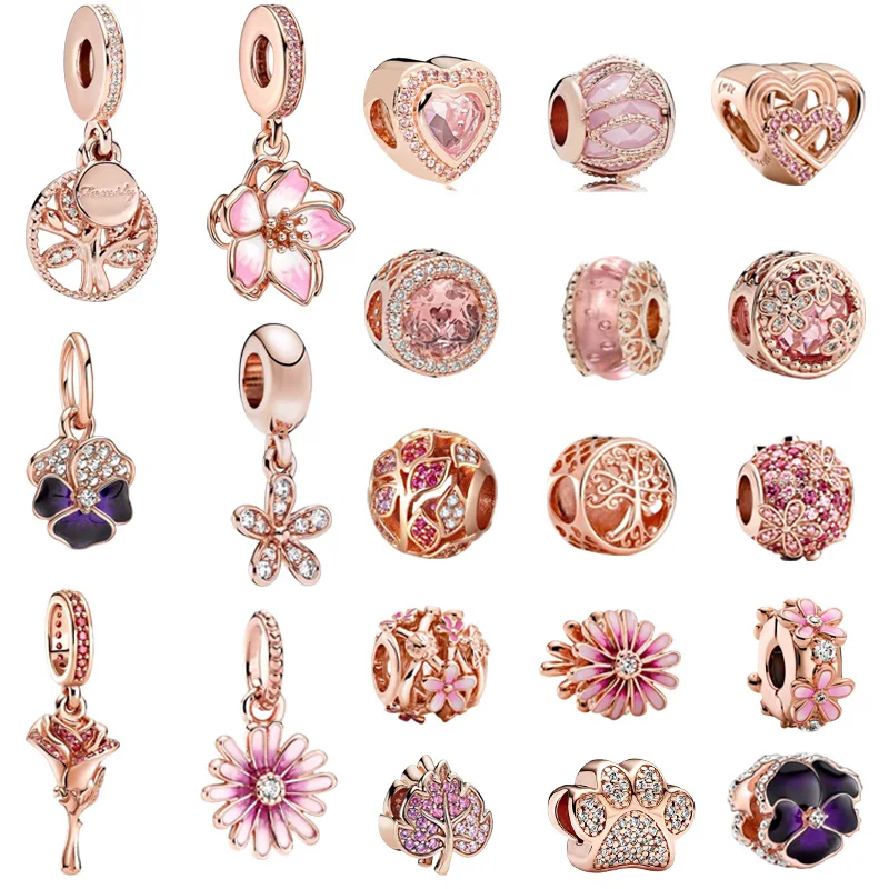 

Rose Gold Plated Sparkling Family Tree、Rose Flower Dangle Charm Bead Fit Original Europeans Silver 925 Bracelet DIY Jewelry Gift