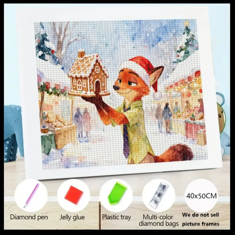 

1PC Christmas 5D DIY Full Drill Diamond Painting Kit, Cute Cartoon Fox with Santa Hat Holding Gingerbread House, Winter Holiday