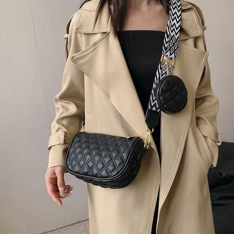 2023 Fashion Trend Women Small Shoulder Bag Black White Color Hobo Bag Grid Pattern Soft PU Leather Female Cross Body Bag