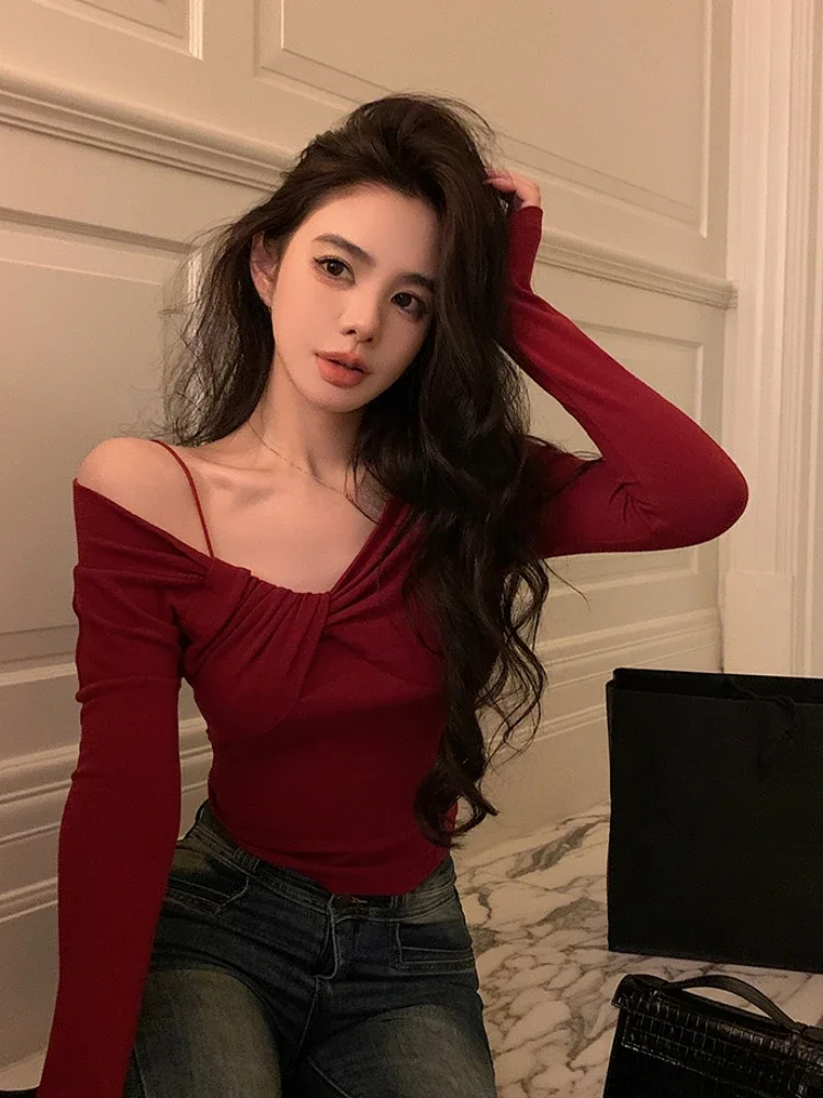 Autumn Red Elegant Slim Blouse Office Lady Basic Design Korean Fashion T Shirt Woman Long Sleeve Bodycon Casual Clothing