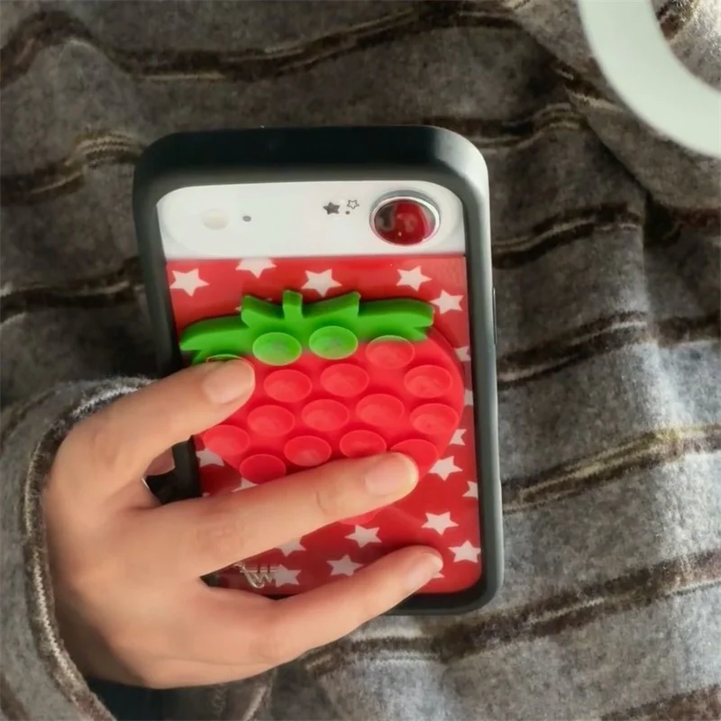 Wildflower Love Sucker Sucking Disc Strawberry Phone Case For iPhone 18 17 16 15 14 13 Pro Max Star Suction Cup Stickers Cover