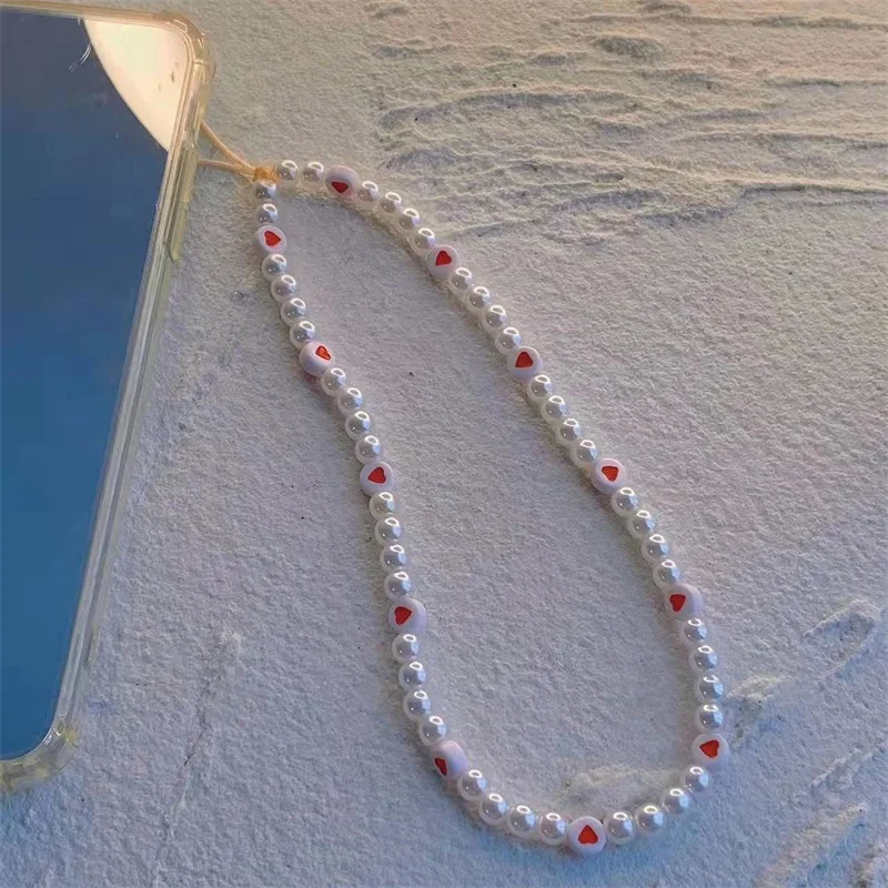 New Ins Trendy Red Love Heart Pearl Chain Mobile Phone Chains Anti-lost Handmade Acrylic Charm Cord Lanyard for Women Girls