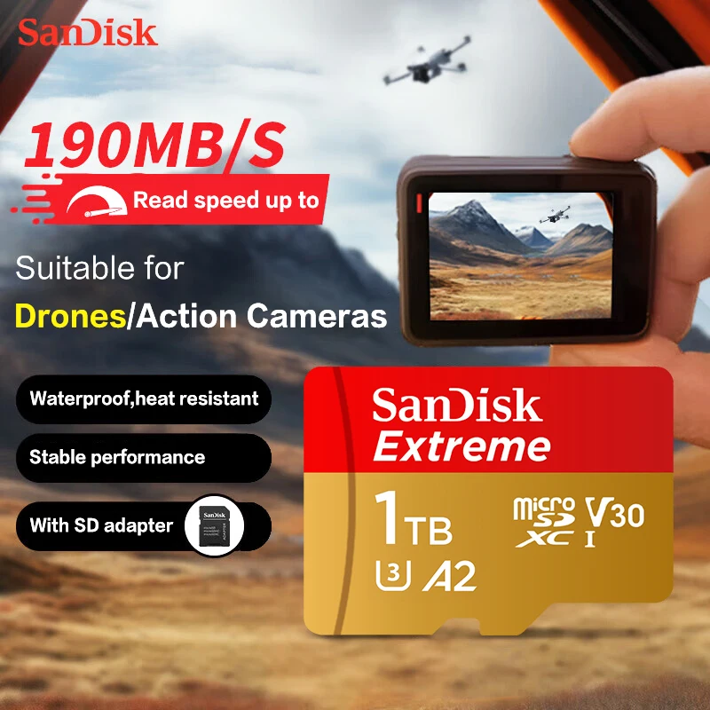 بطاقة ذاكرة SanDisk MicroSDXC أصلية A2/A1 V30 U3 بطاقة ذاكرة 64 جيجابايت 128 جيجابايت 256 جيجابايت 512 جيجابايت 1 تيرا بايت MicroSDHC 32 جيجابايت محول بطاقة TF عالية السرعة