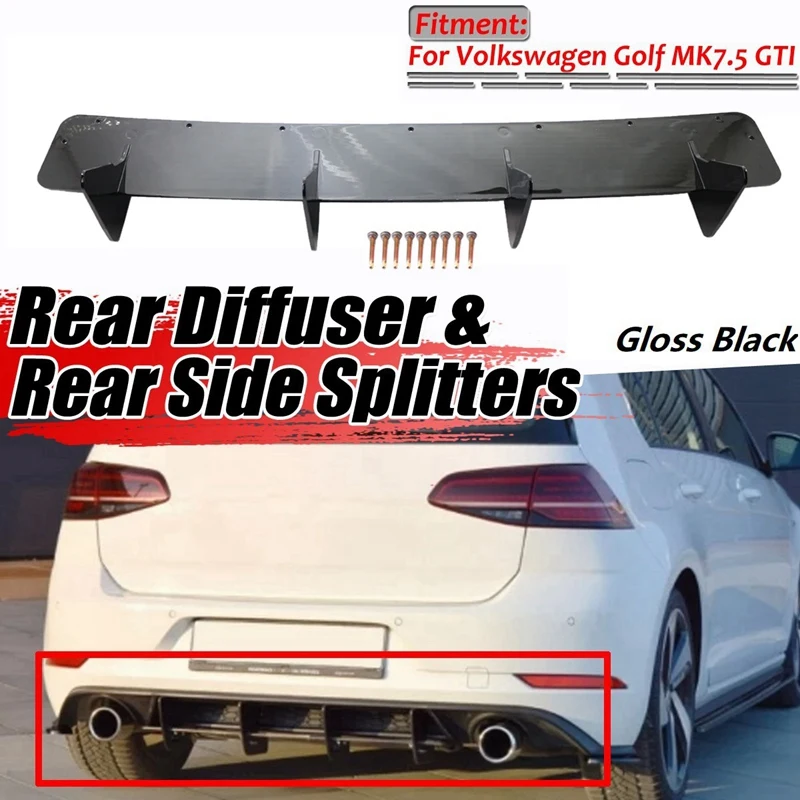 

NEW-Rear Bumper Lip Diffuser Valance Spoiler Side Splitter 4 Fins For Golf 7.5 MK 7.5 Gloss Black