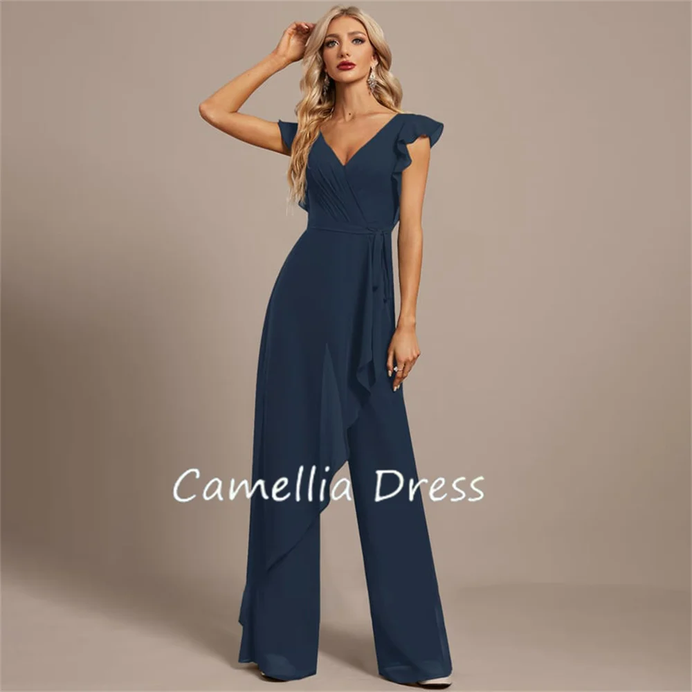 Simple Jumpsuit Evening Dresses V-Neck Prom Dresses Bow Floor-Length Chiffon Formal Dresses Vestidos De Fiesta فساتين السهرة