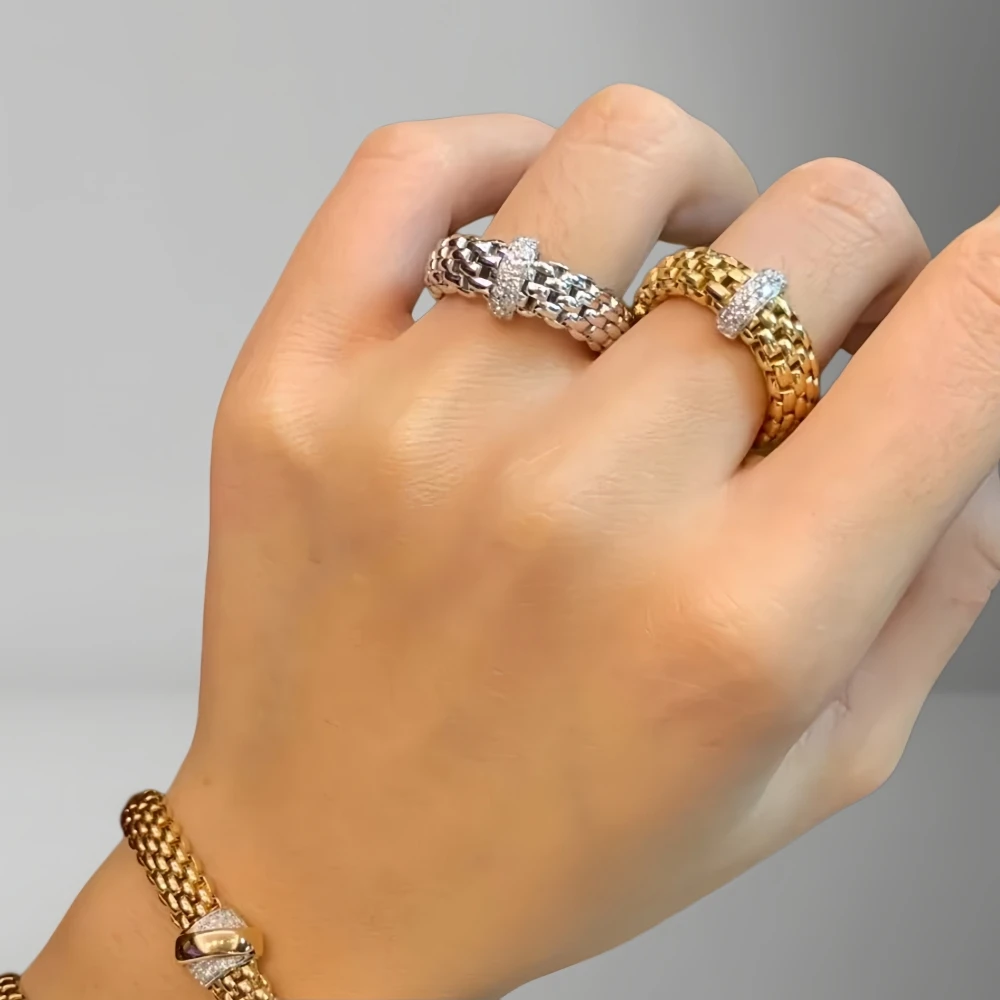 Pave Row Diamond Mesh Flexible Woven Chain Band Ring Vine Shank Unisex Light Luxury Ring S925 Sterling Silver with Certificate