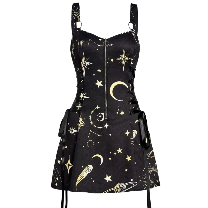 

New Little Fresh Starry Sky Printed Hanging Strap Dress Vital Girl Playful A-Line Ribbon Waist Wrap Dress Cute YK2 Dress