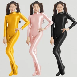 Sexy long sleeves women Silky glossy tights Suit Oily One-piece Swimsuit Shiny yoga pants sports plus size pink bathing Suits